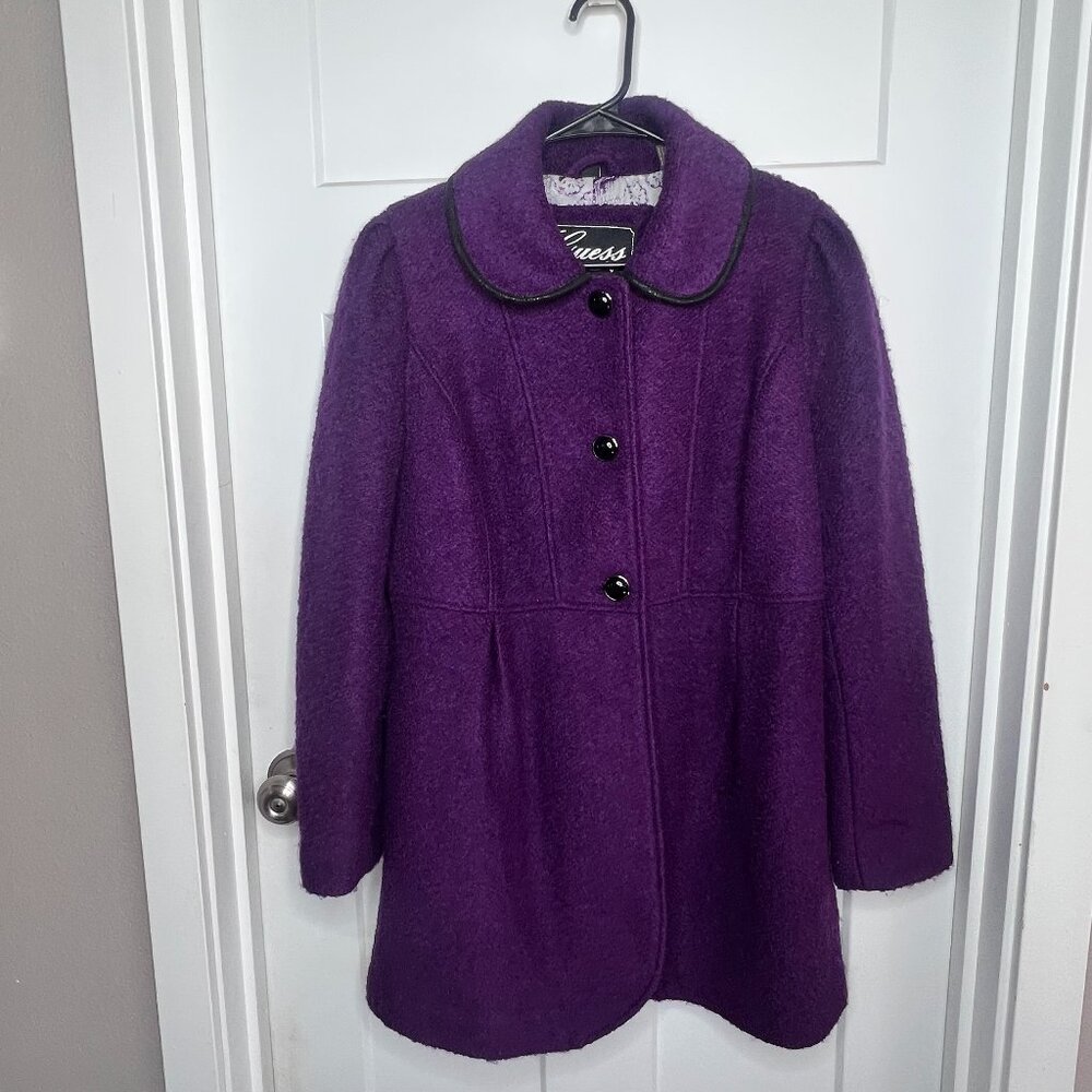Guess Women's Size Large Deep Purple Peacoat with Bow- Winter Coat - Wool Blend